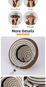 Detail of breathable straw sun hat featuring adjustable wind cord and striped wide brim