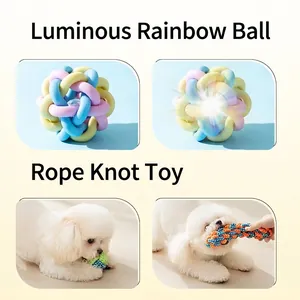 Glow-in-the-dark colorful TPR ball and durable cotton rope toy set for puppy teething