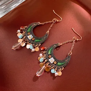 Bohemian Ethnic Moon Tassel Dangle Earrings Alloy Enamel Rhinestone Resin Retro Vintage Jewelry For Women