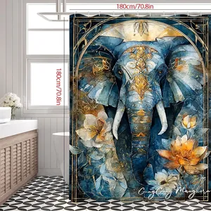 Détail d'un rideau de douche décoratif avec motif éléphant et fleur de lotus bleu et doré
