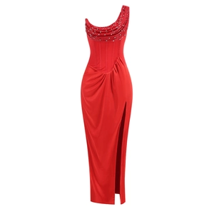 Elegant red one-shoulder evening gown with sequins and high slit detail for party wear