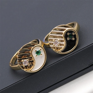 Minimalist gold-plated Tai Chi rings with enamel devil's eye and zircon accents