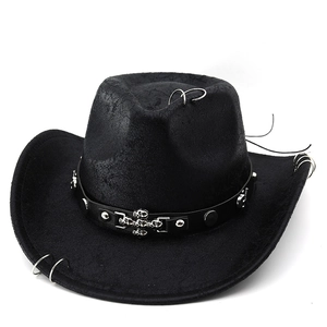 Black western cowboy hat with metal rings and silver skull studs in punk gothic style