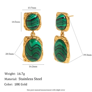 Boucles d'oreilles malachite en acier inoxydable plaqué or 18K avec dimensions