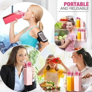 Detailed view of portable and reusable pink milk carton shaped plastic bottle for kids