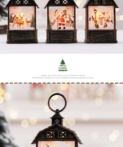 Close-up of bronze Christmas lanterns with warm LED lights and holiday deer patterns