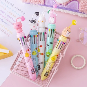 Cute cartoon 10-color ballpoint pens with animal pendants in a pink storage basket