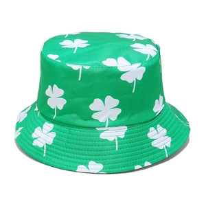 Double-sided St. Patrick's Day green bucket hat with white shamrock pattern