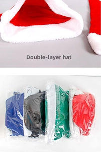 Detail of double-layered non-woven Christmas hats with plush edges and multiple colors