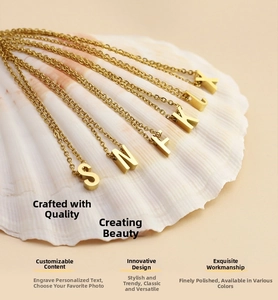 Detail of gold-plated stainless steel initial pendants on a decorative white shell