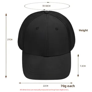 Detailed measurement guide for black mesh baseball cap showing 56-58cm head circumference