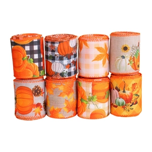 8 rollos de cintas de cosecha de Acción de Gracias con patrones de calabaza y hojas de arce.