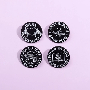 Set of 4 black enamel book club pins with dark romance and mafia lovers text designs