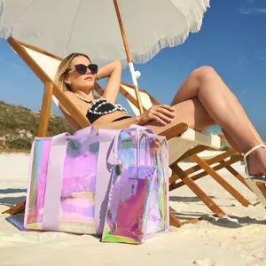 Holographic purple PVC tote bag set with iridescent beach bag and small zipper pouch