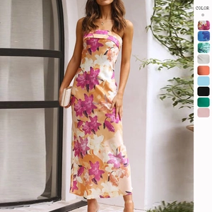 Vestito Maxi In Satine Di Poliestere Senza Spalline Schiena Scoperta Pieghettato Stampa Floreale Elegante Festa Vacanze Donne