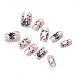 Sweet pink cat-eye press-on nails set with cute black cat and star motifs for women