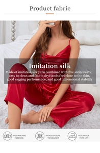 Detail showing red imitation silk fabric texture and washing instructions for pajama set