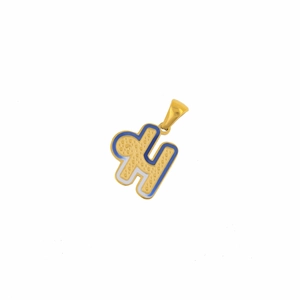 Detailed view of golden letter H pendant with blue and white enamel and dotted texture