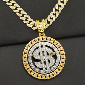 Collier Pendentif Signe Dollar Alliage Sertis De Strass Rotatif Bicolore Chaîne Cubaine Hip Hop Streetwear Unisexe