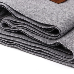 Close-up of thick grey cashmere wool fabric texture with soft folded layers