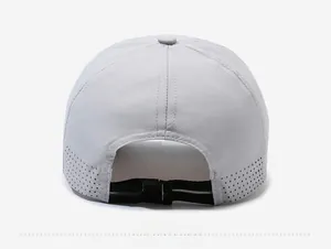 Rear view of light gray quick-dry baseball cap with laser-cut vents and adjustable buckle