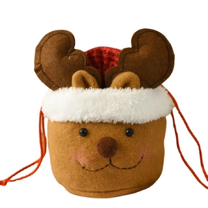 Christmas reindeer drawstring gift bag with plush trim and cute 3D antlers for holiday candy