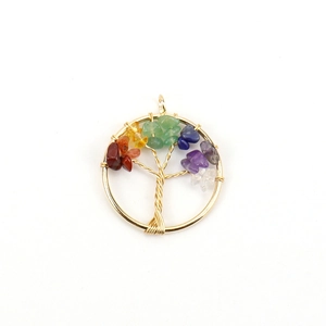 Detail of life tree pendant with colorful crystal stones and golden wire wrapping