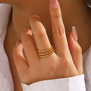Bague À Plusieurs Rangées De Perles Acier Inoxydable Plaqué Or Texture Bulle Ajustable Bijoux De Mode Pour Femmes