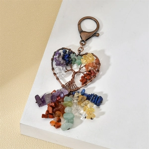 Portachiavi cuore Albero della Vita con pietre naturali colorate e filo di bronzo