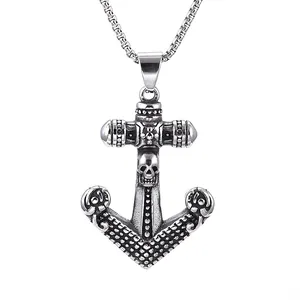 Vintage stainless steel skull anchor pendant necklace with black distressed metal finish