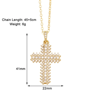 Gold cross necklace detail showing 41mm x 22mm dimensions and 45+5cm chain length