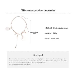 Detail view of pearl shell tassel necklace with 45cm length and 3cm width measurements