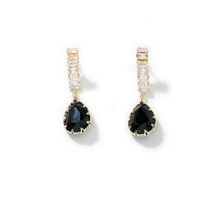 Elegant gold drop earrings with teardrop black stone and rectangular cubic zirconia accents