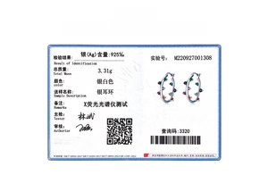 Authenticity certificate showing specifications for S925 silver colored zircon ear hoops