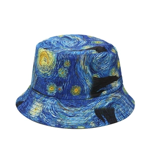 Artistic Van Gogh Starry Night reversible bucket hat with blue and yellow oil painting print
