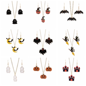 Nine-grid display of assorted Halloween alloy necklaces and earrings with enamel pendants