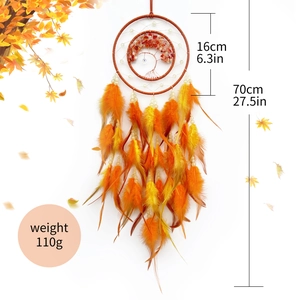 Orange Tree of Life dream catcher with autumn feathers and glowing beads hanging decor