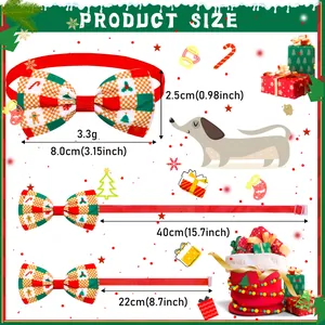 Detailed size chart for Christmas pet bow tie with adjustable strap and festive patterns