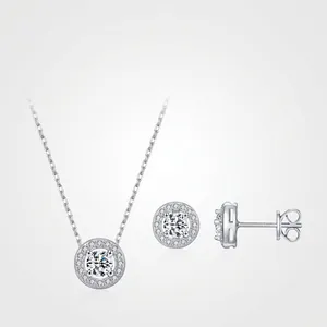 925 Sterling Silver Round D Color Moissanite Halo Pendant Necklace And Stud Earrings For Women Elegant Fashion Jewelry