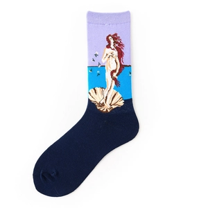 Detail of oil painting knit socks featuring Botticelli Venus art on navy blue fabric