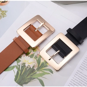 Close-up of stylish wide belts with gold square buckles in black and brown leather