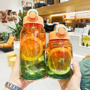 Detail of Tritan water bottles with orange-green gradient, flip lid and straw design