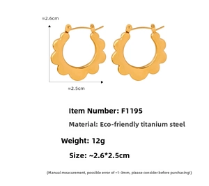 Detailed specs for gold titanium sunflower petal hoop earrings measuring 2.6x2.5cm