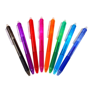 Macro view of 10 colorful erasable gel pens arranged in a fan shape on white background