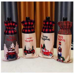 Set of four red plaid Christmas wine bottle covers with Merry Christmas typography