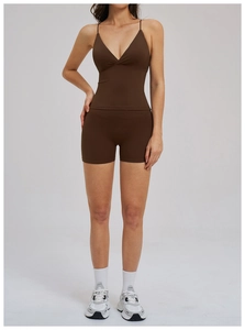 Detail of coffee brown v-neck yoga tank top and high waist cycling shorts set