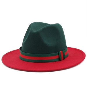 Classic wool fedora hat with green crown and red wide brim featuring striped ribbon