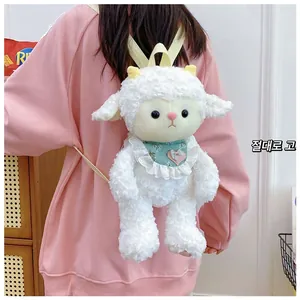 Mini lamb plush backpack with curly fleece texture and floral lace bib shown on a person