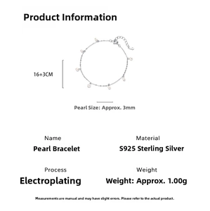 Scheda tecnica del bracciale in argento S925 con perle da 3mm e dettagli sulle dimensioni