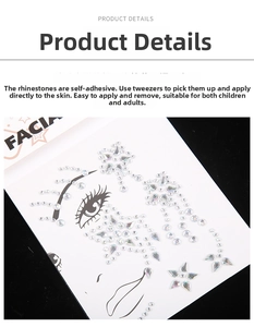 Detailed view of assorted acrylic face jewels with stars and water drop shapes on backing